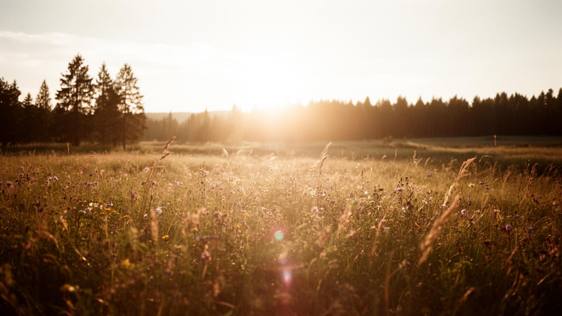 Sunlit Swedish meadow at golden hour